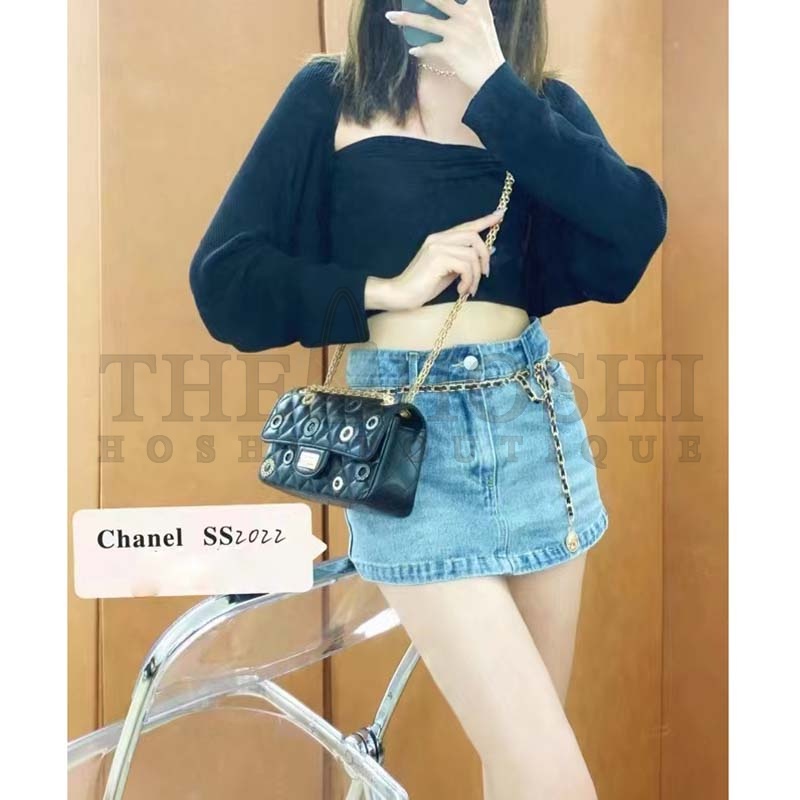 Ch**el Women CC 2.55 Handbag Calfskin Strass Glass Pearls Gold Silver Tone Black Master Quality