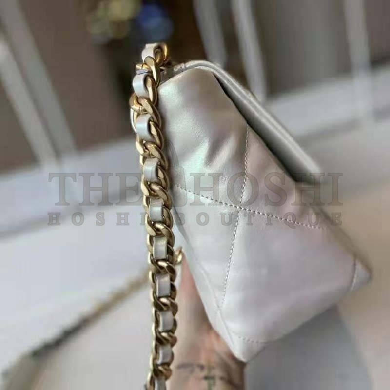 Ch**el Women 19 Large Flap Bag Iridescent Calfskin Gold Silver-Tone &amp; Ruthenium-Finish Metal White Master Quality