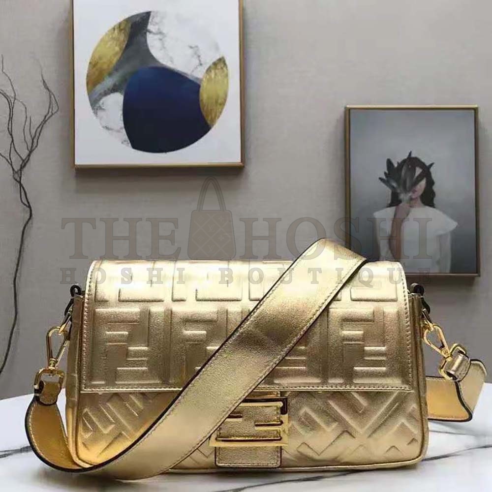 F**di Women Baguette F**di Prints On Leather Bag-Gold Master Quality