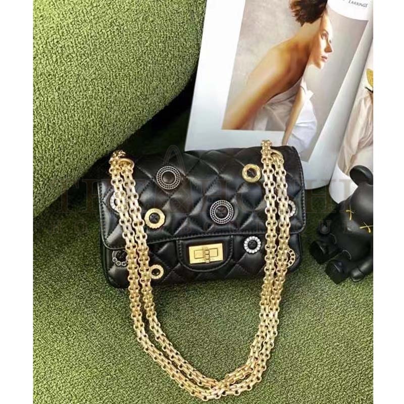 Ch**el Women CC 2.55 Handbag Calfskin Strass Glass Pearls Gold Silver Tone Black Master Quality