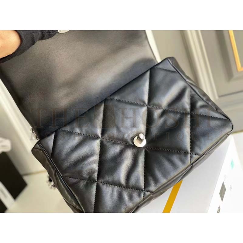 Ch**el Women 19 Large Handbag Lambskin Gold Silver-Tone Ruthenium-Finish Metal Black Master Quality