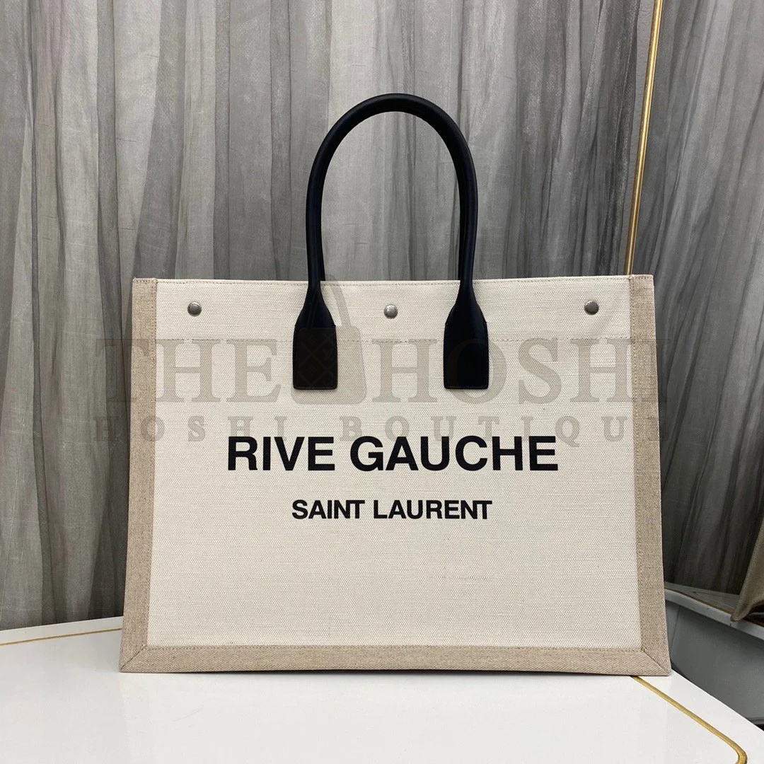 Sa1nt Lau*nt Rive Gauche Tote Bag in White Linen and Black Leather Master Quality