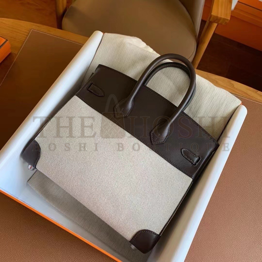H**me5 Birkin 25 Handmade Bag In Toile &amp; Chocolat Swift Leather Master Quality