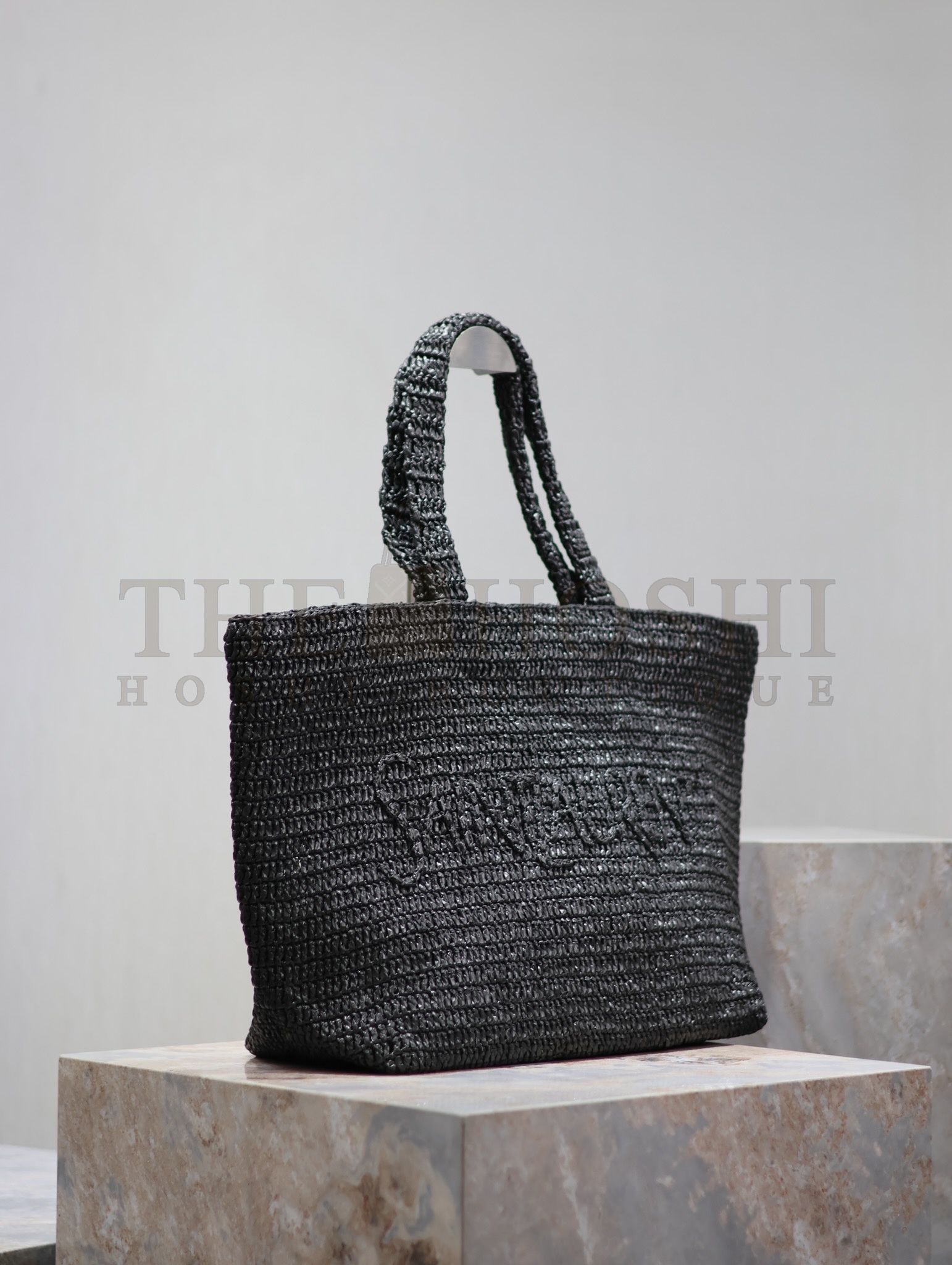Sa1nt Lau*nt Handwoven Raffia Tote Bag Black 41cm Minimalist Chic Design Master Quality