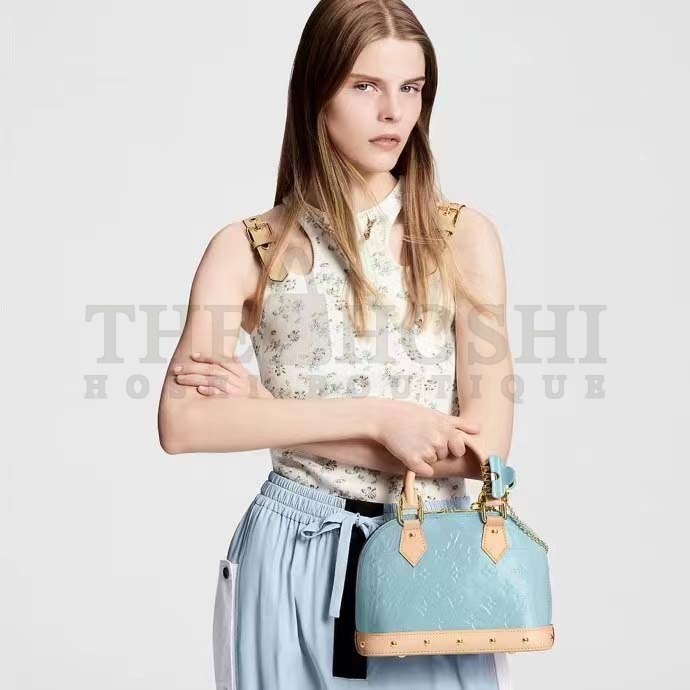 L0vis Vvtt0n LV Women Alma BB Handbag Sky Blue Monogram Vernis Embossed Cowhide Leather M24062 Master Quality