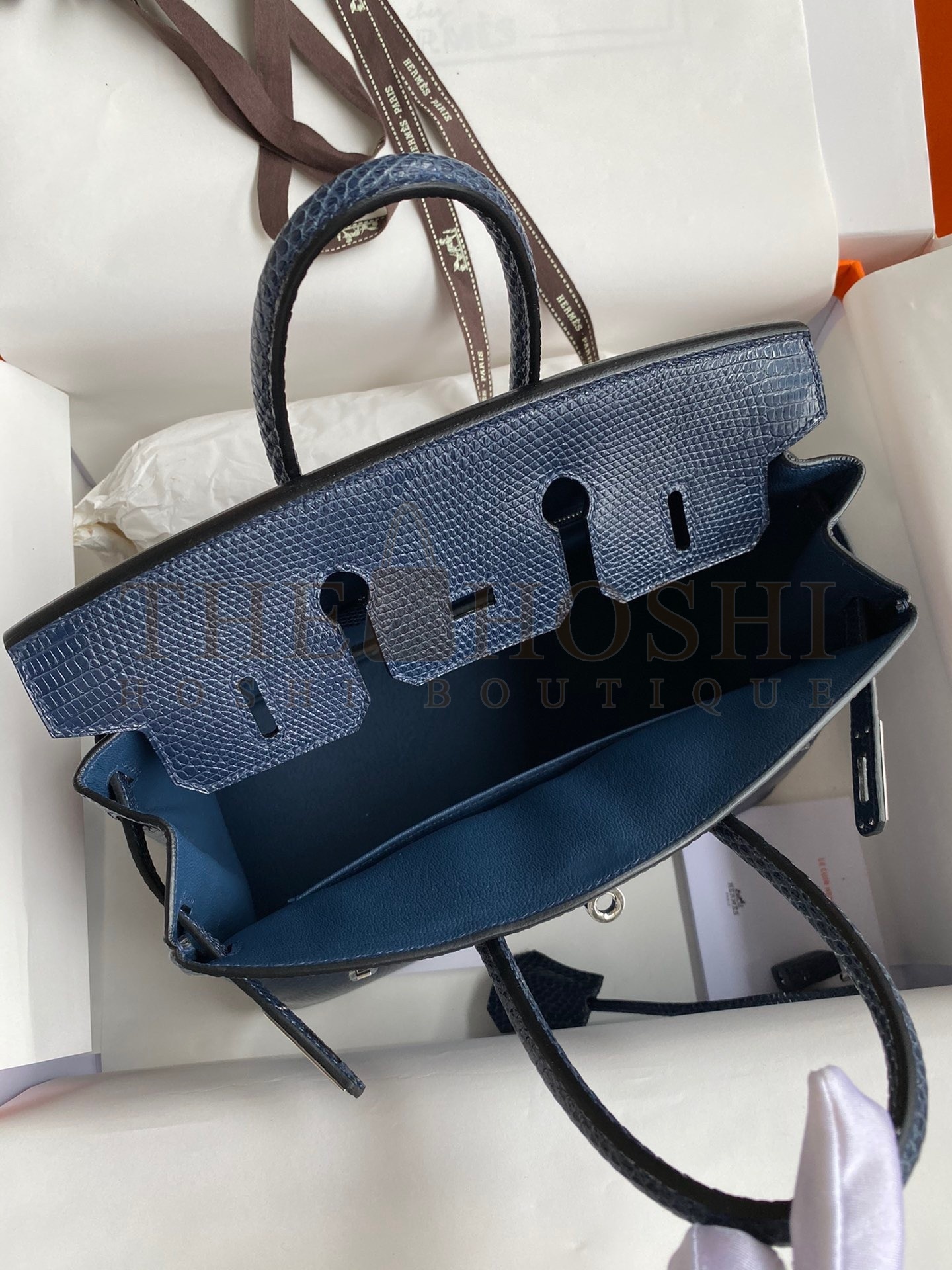 H**me5 Birkin 25 Retourne Handmade Bag In Blue Saphir Lizard Leather Master Quality