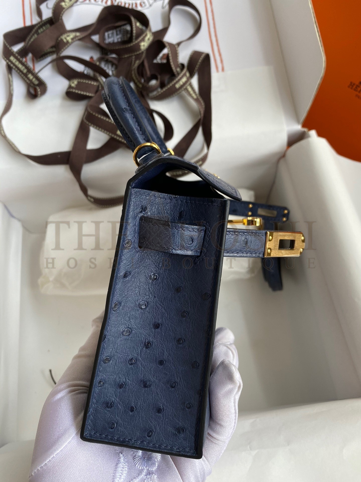 H**me5 Kelly Mini II Sellier Handmade Bag In Blue Iris Ostrich Leather Master Quality