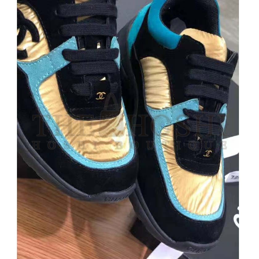 Ch**el Women Velvet Calfskin & Mixed Fibers Sneakers-Gold Master Quality