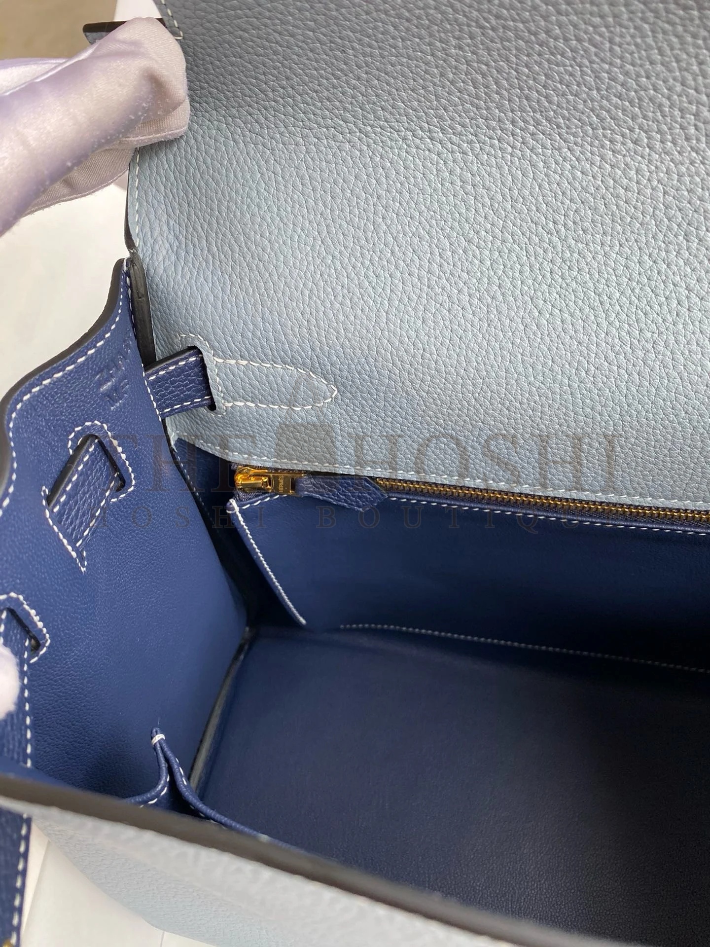 H**me5 HSS Kelly 32 Bicolor Bag in Blue Lin and Blue Clemence Leather Master Quality
