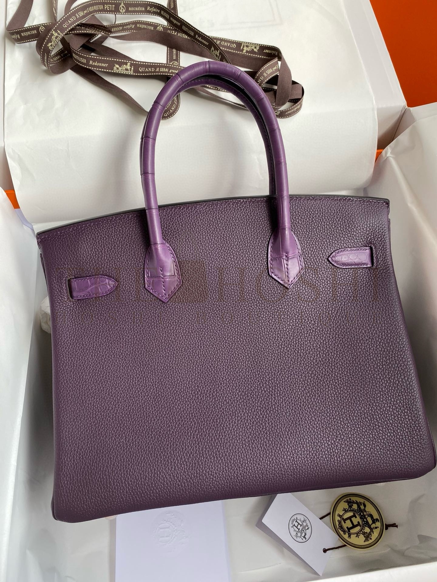 H**me5 Touch Birkin 30 Bag in Raisin Clemence and Matte Alligator Leather Master Quality