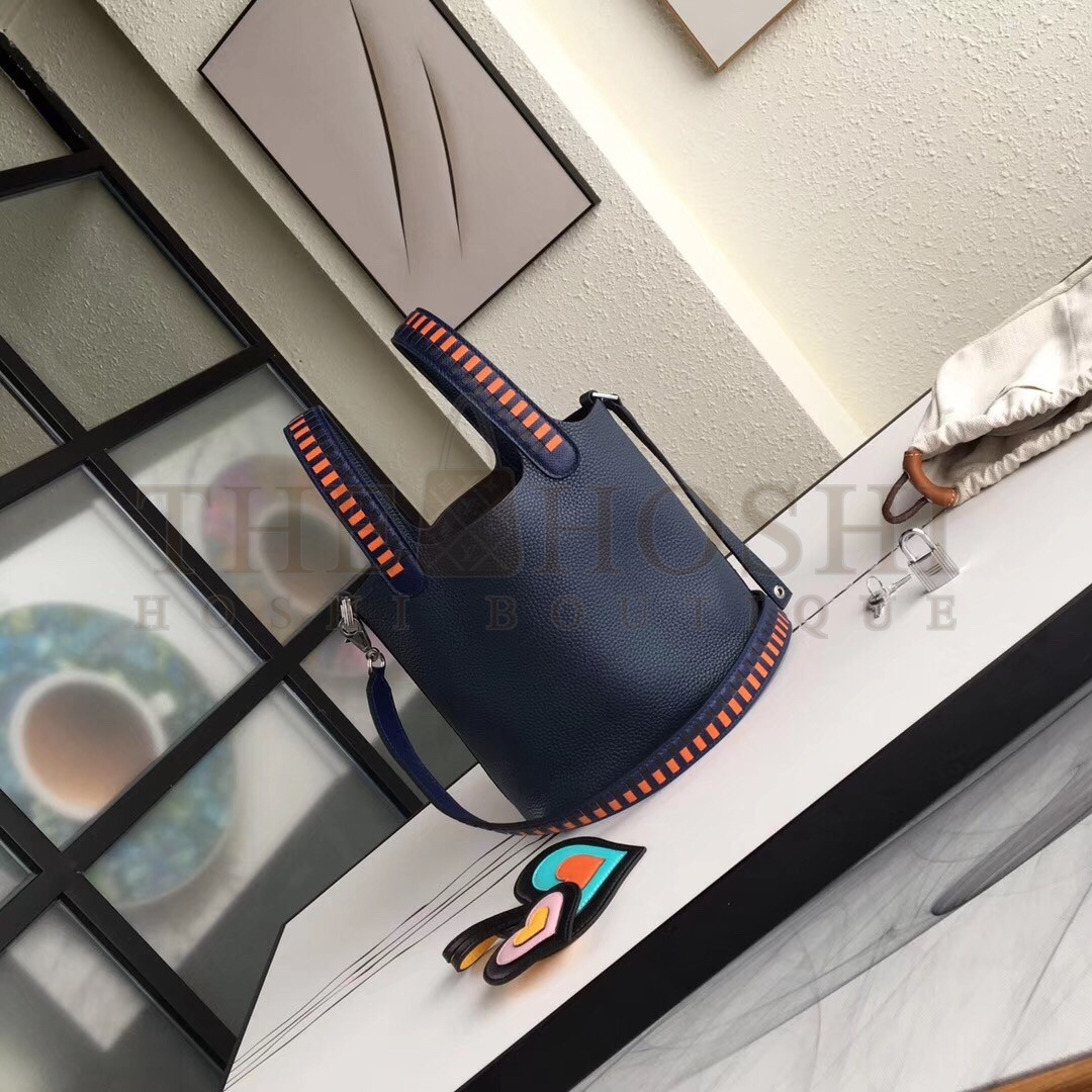 H**me5 Navy Blue Picotin Lock 18cm Bag With Braided Handles Master Quality