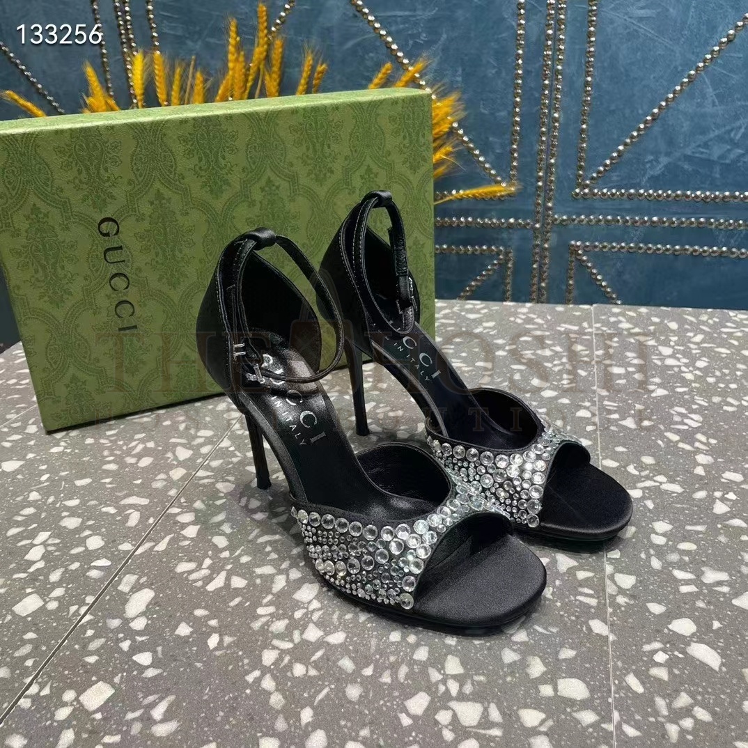 Gvc*1 Women G2 Mid-Heel Sandals Crystals Black Satin 11 CM Heel Double G Master Quality