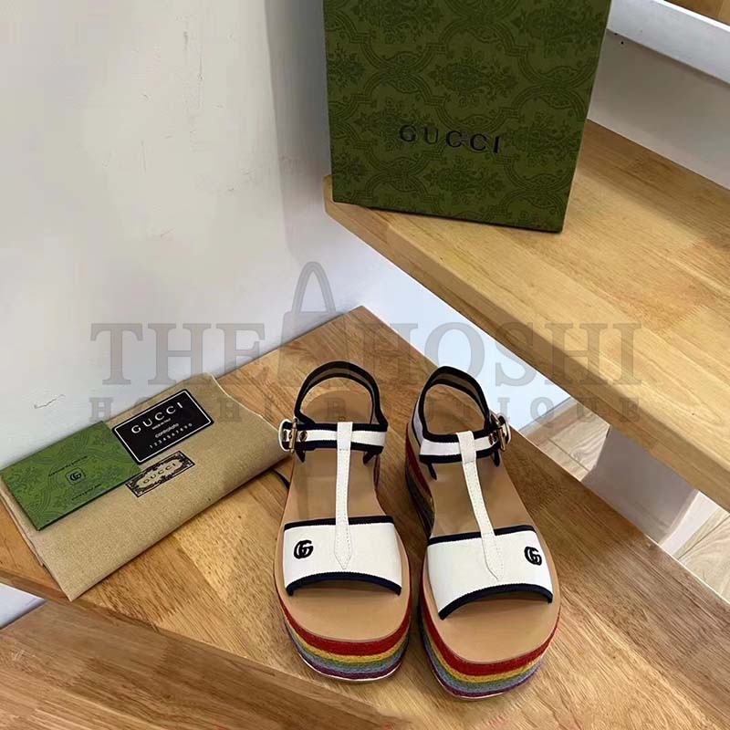 Gvc*1 Women G2 Platform Sandals White Cotton Double G Embroidery 7 Cm Heel Master Quality