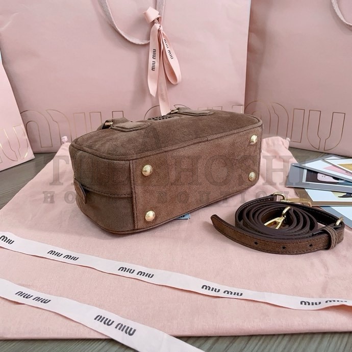 Miu Miu M1um1u Suede Bowling Bag Brown Calfskin Leather 22x10.5x7.5cm 5BB142 Master Quality