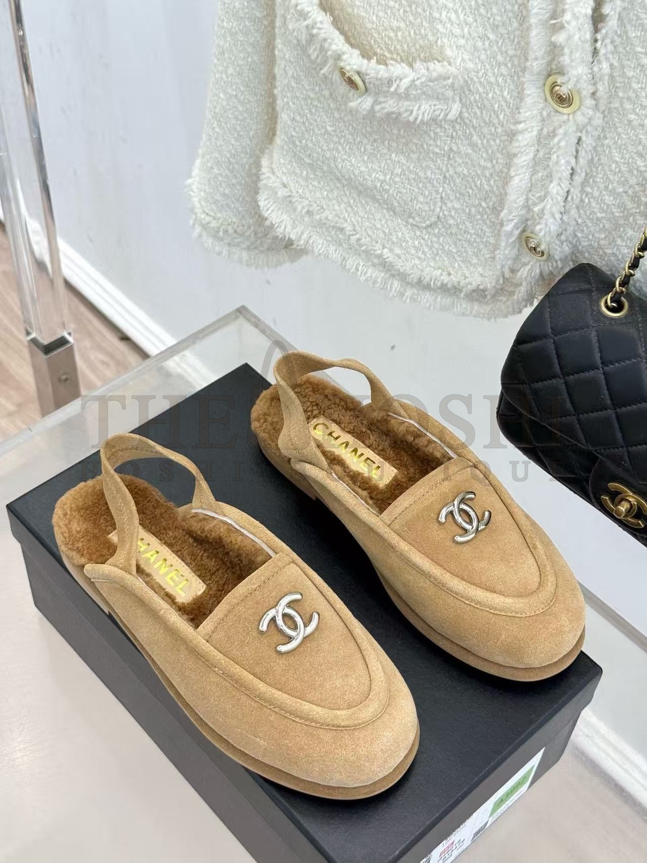 Ch**el CH 25K Fur Mule Slippers Suede Leather Shearling Lined Beige 35-41 Master Quality