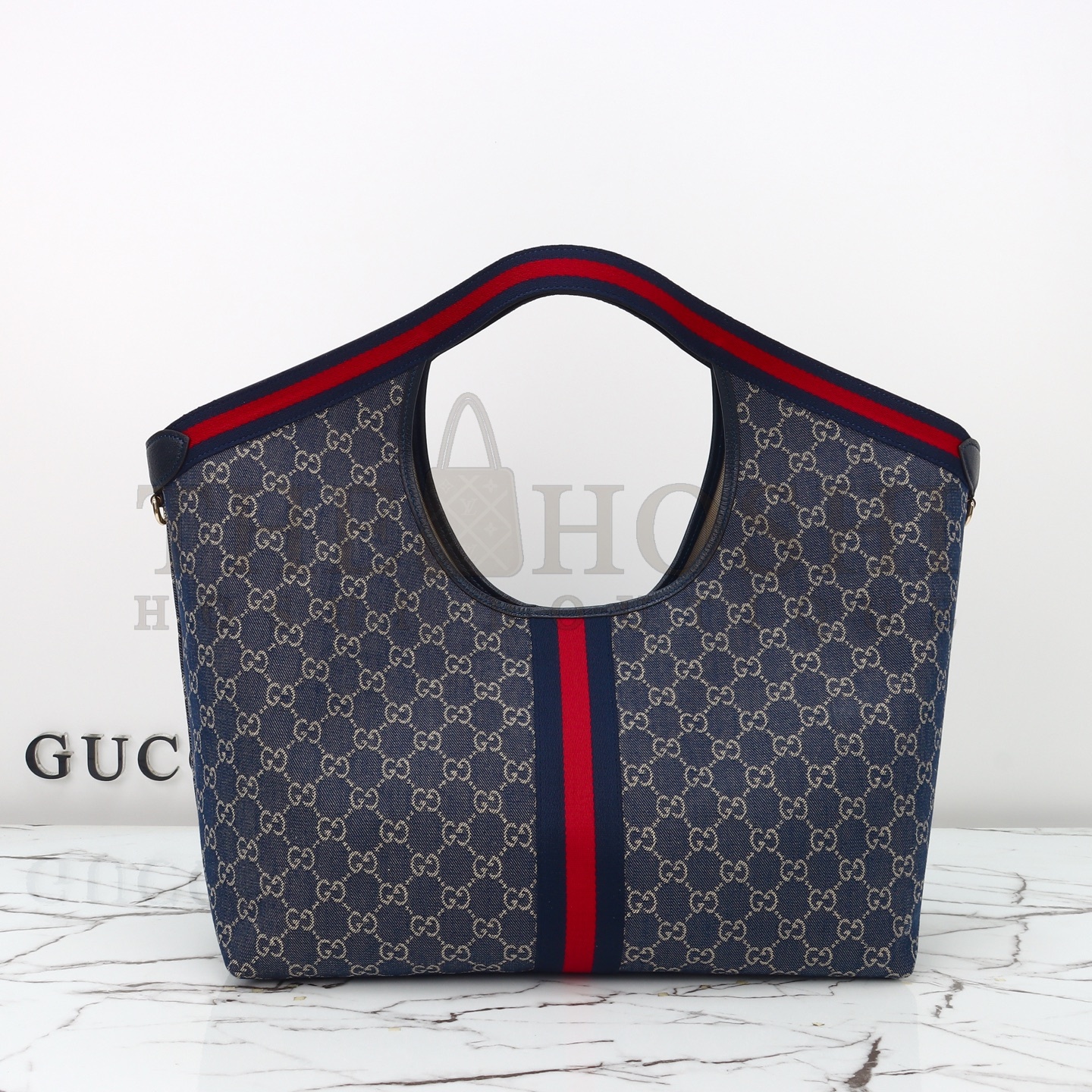 Gvc*1 Giglio Tote Bag Blue GG Canvas with Green-Red Web, Removable Pouch, 60 x 47 x 16 cm Master Quality