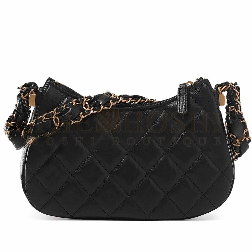 Ch**el BLACK QUILTED LAMBSKIN HOBO BAG BRUSHED GOLD HARDWARE (20.5*12*4.5cm) Master Quality