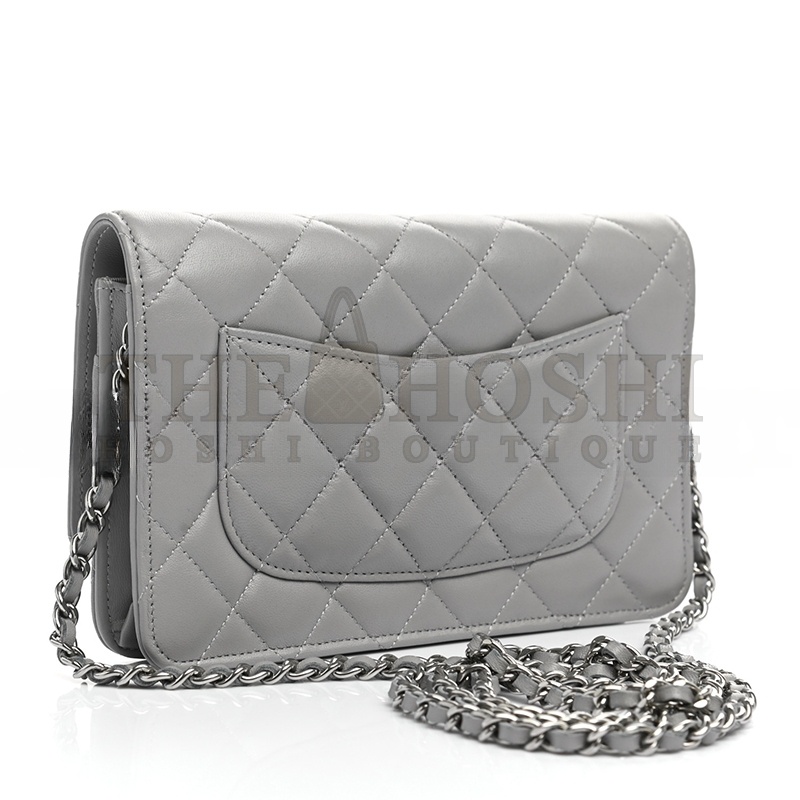 Ch**el LAMBSKIN QUILTED WALLET ON CHAIN WOC GREY (19*13*3cm) Master Quality