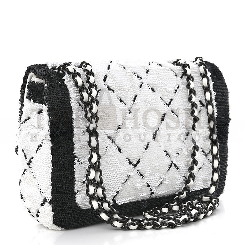 Ch**el SEQUIN CC SMALL SINGLE FLAP WHITE BLACK 1468914 (20*13*6cm) Master Quality