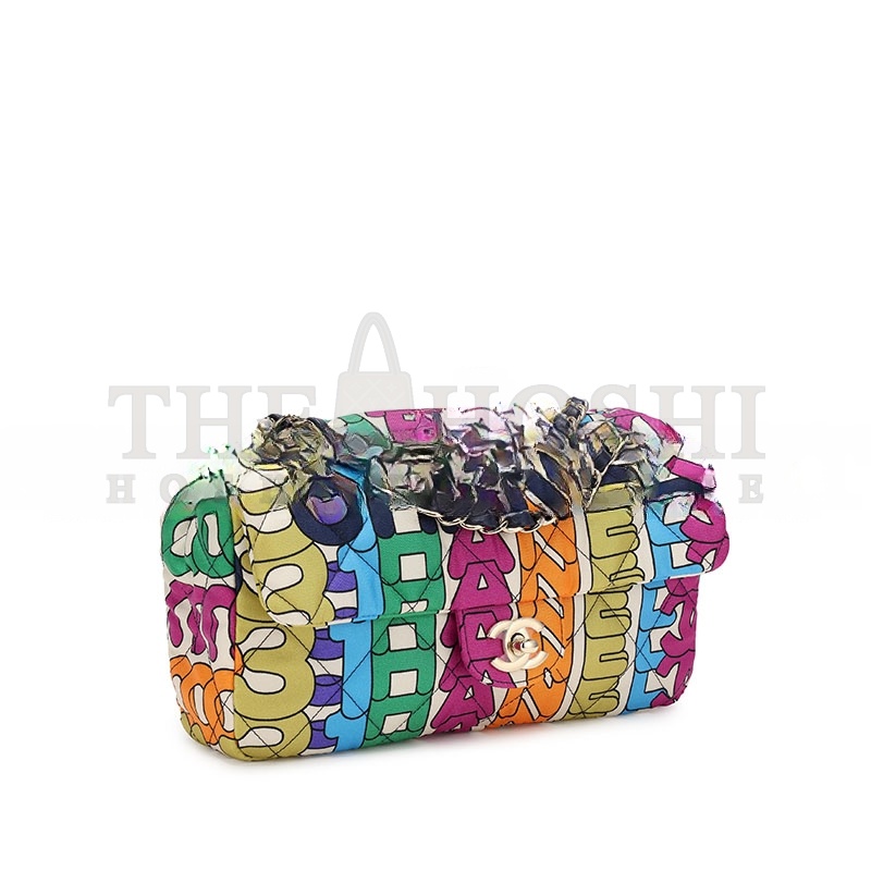 Ch**el RAINBOW QUILTED NYLON MEDIUM LOGO FLAP GOLD HARDWARE AS2897 (24.5*15*5cm) Master Quality