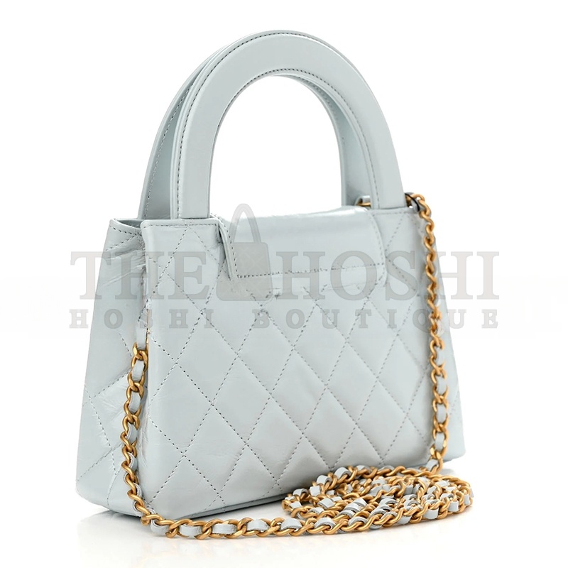 Ch**elSHINY AGED CALFSKIN QUILTED NANO KELLY SHOPPER LIGHT BLUE AS4461 01 (19*13*6cm) Master Quality
