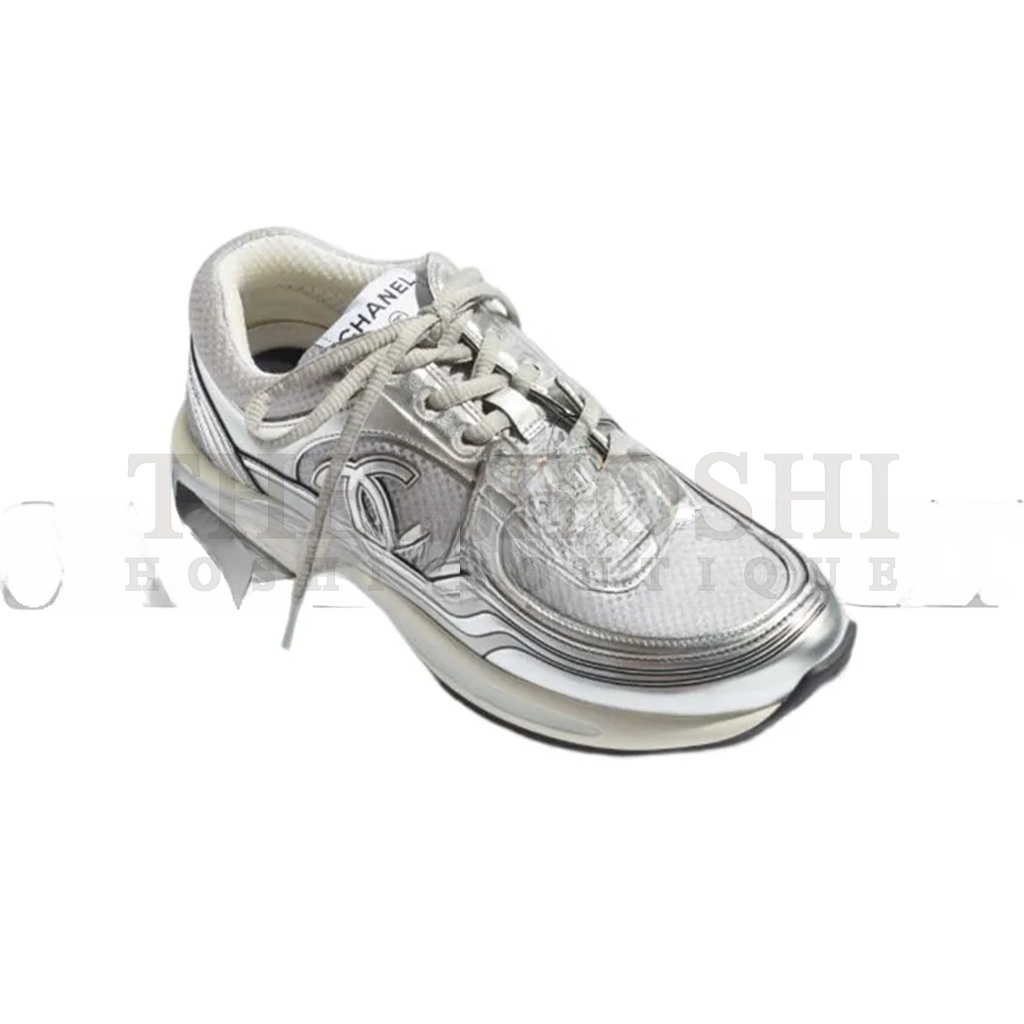 Ch**el  FABRIC LAMINATED CALFSKIN STRETCH CC SNEAKERS WHITE SILVER G39792 Master Quality