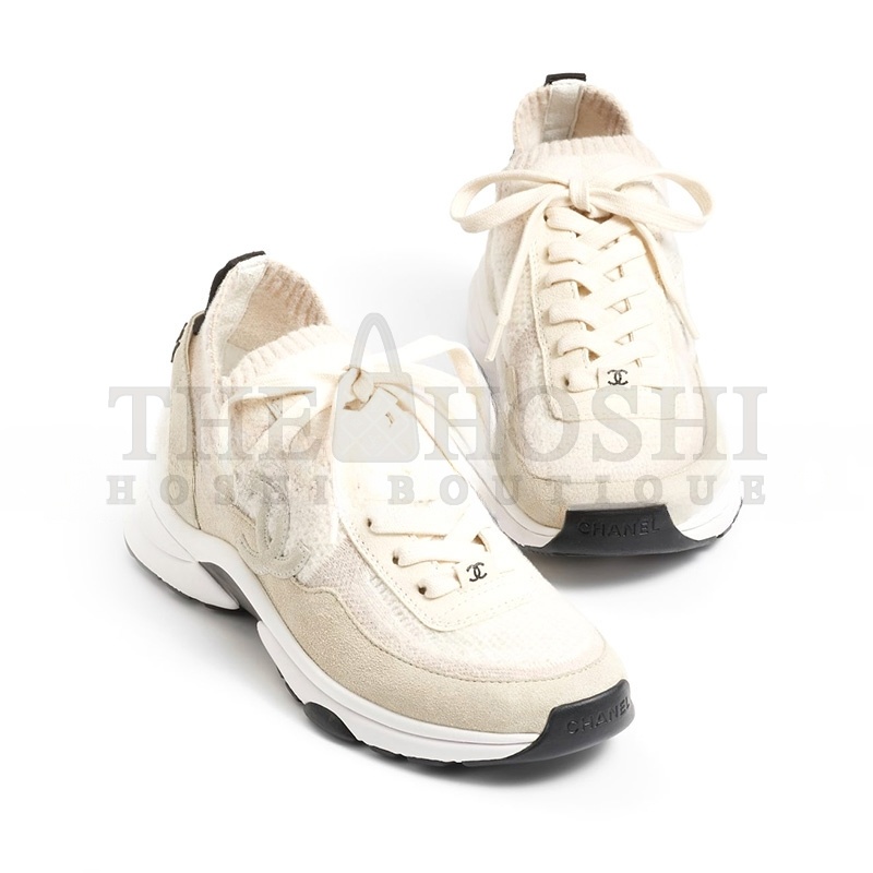 Ch**el WHITE KNIT FABRIC AND SUEDE CC LACE UP SNEAKERS G38750 Master Quality