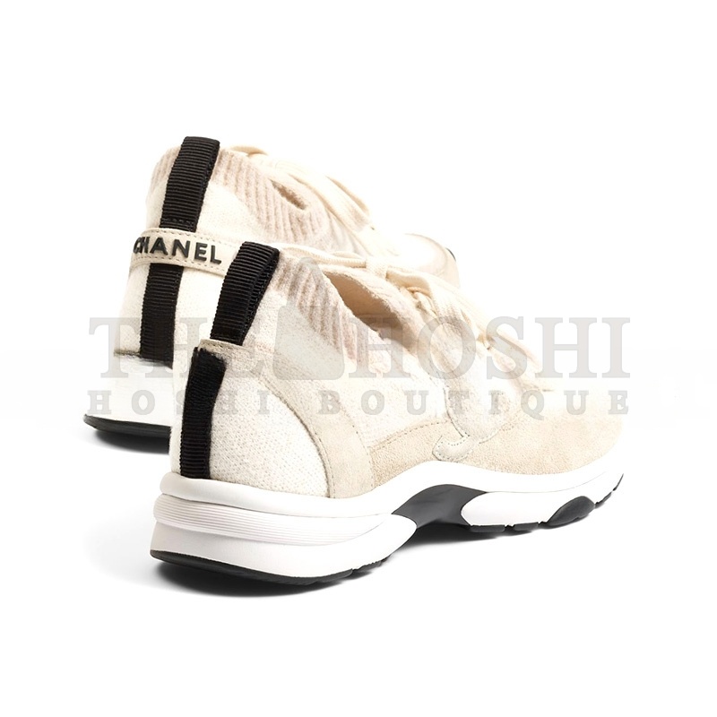 Ch**el WHITE KNIT FABRIC AND SUEDE CC LACE UP SNEAKERS G38750 Master Quality